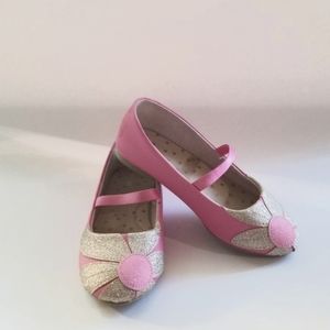 Dressy, Pink Toddler Girls Ballet Flats with Beautiful Gold Floral Embellishment